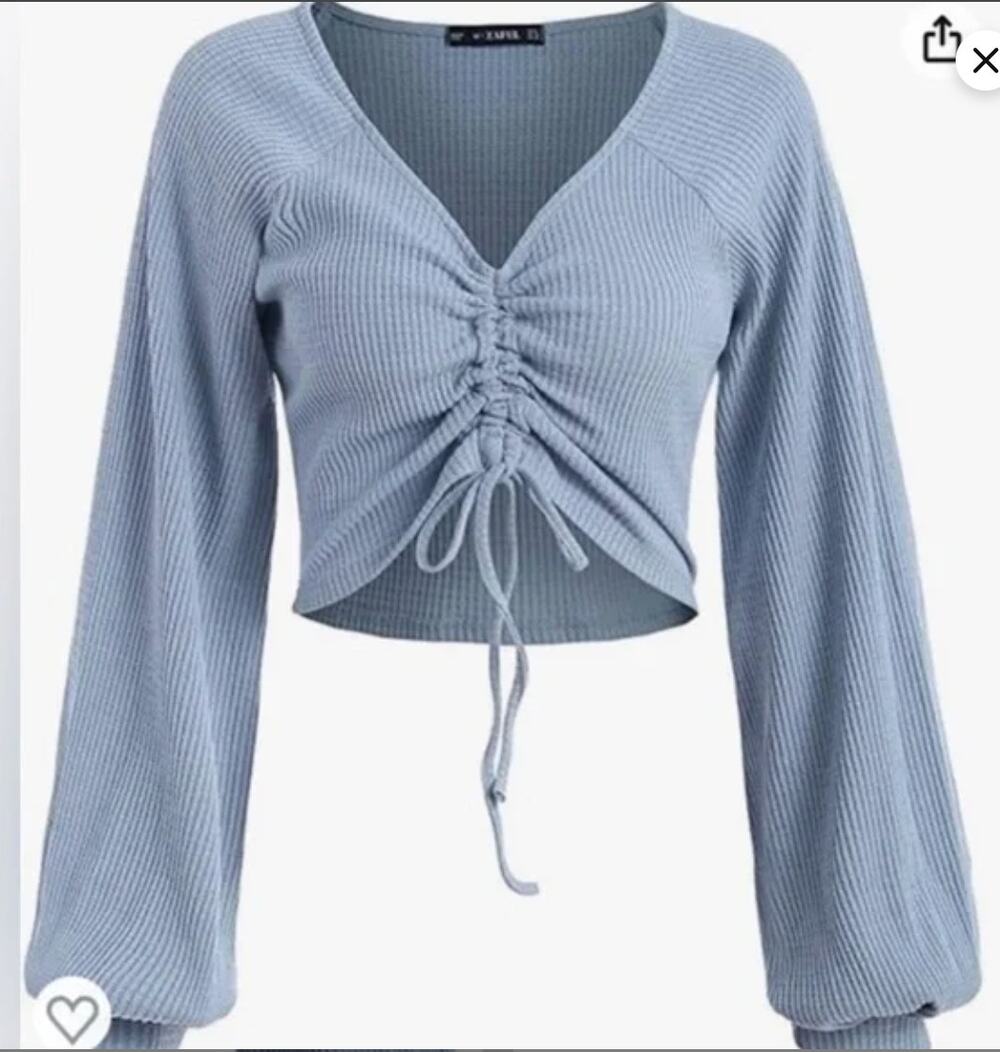 Zaful Womens Long Balloon Sleeve Ruched Baby Blue Waffle Knit Crop Top Medium